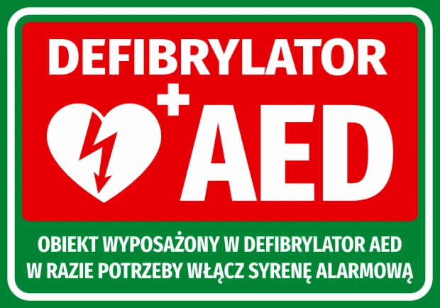 AED Defibrillator Sticker - Graphic design with red background, white text, heart symbol, and lightning bolt.