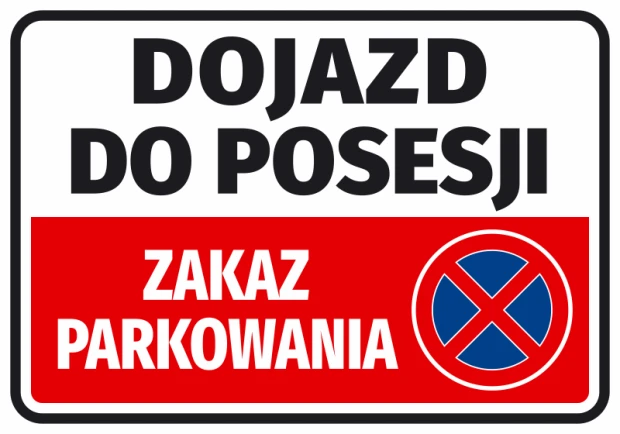 No Parking Sticker - Property Access - Graphic Design. Rectangle with white background, red stripe, and blue.