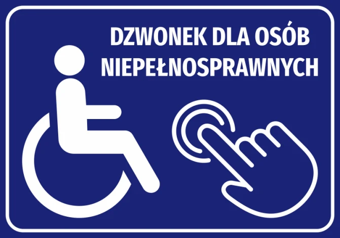 Disability bell sticker - Graphic design with a wheelchair symbol on a blue background.