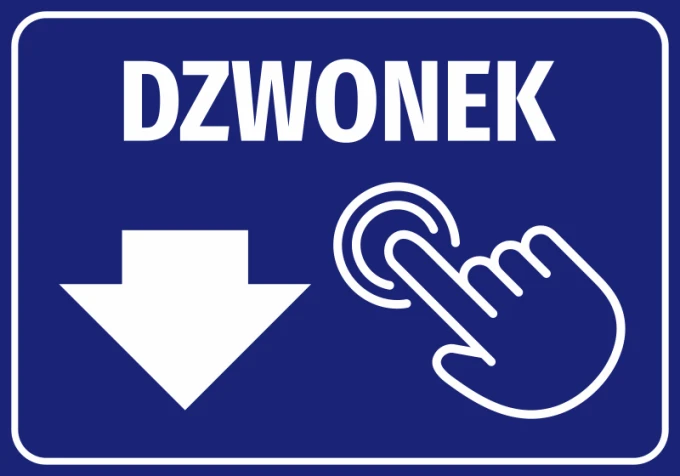 Information sticker Bell - Graphic design. Blue background, white text BELL, downward arrow, and hand illustration.