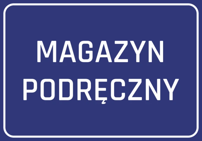 Handy storage sticker - Graphic design. Blue background with white text, clear letters.