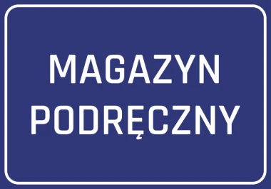 Handy storage sticker - Graphic design. Blue background with white text, clear letters.