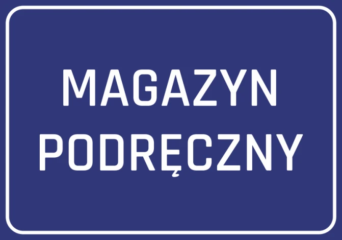 Handy storage sticker - Graphic design. Blue background with white text, clear letters.