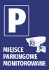 Monitored parking sticker - Graphic design with a large P, camera, and white text on a blue background.