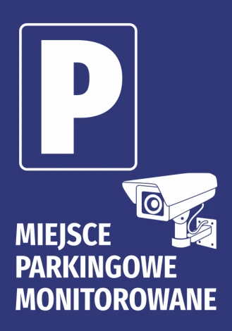 Monitored parking sticker - Graphic design with a large P, camera, and white text on a blue background.