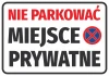 Private parking sticker - graphic design. Red and black text on a white background. No parking symbol.