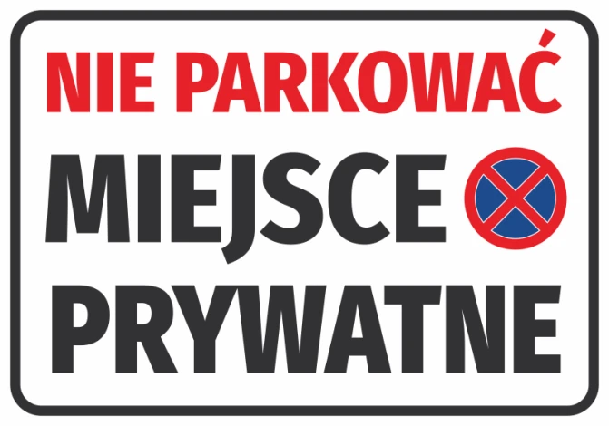 Private parking sticker - graphic design. Red and black text on a white background. No parking symbol.