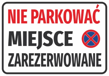 Reserved Parking Sticker - Graphic Design. Red text on a white background with a no parking symbol.