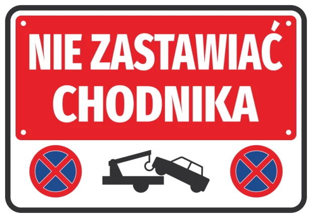 No Parking Sticker - Graphic Design. Red background with white text and icons of a car and a tow hook.
