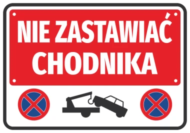 No Parking Sticker - Graphic Design. Red background with white text and icons of a car and a tow hook.