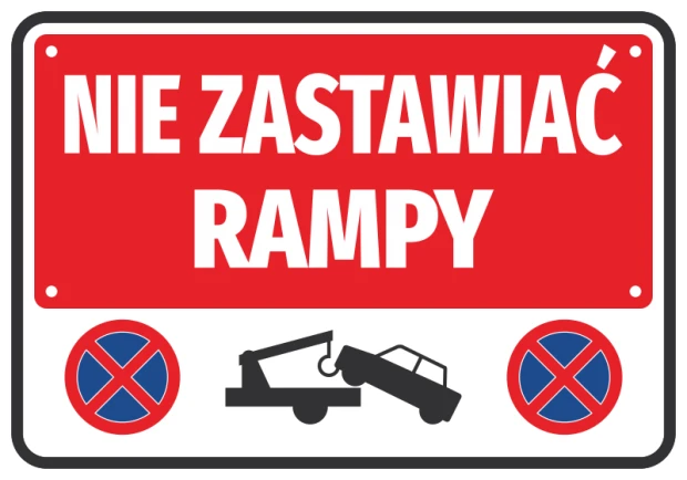 No Parking Ramp Sticker - Graphic Design. Red background with white text, towing symbol, and parking prohibition.