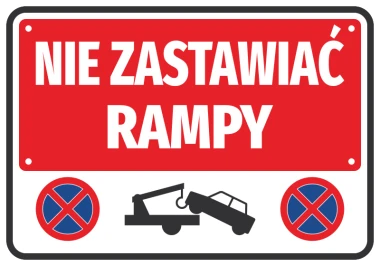 No Parking Ramp Sticker - Graphic Design. Red background with white text, towing symbol, and parking prohibition.