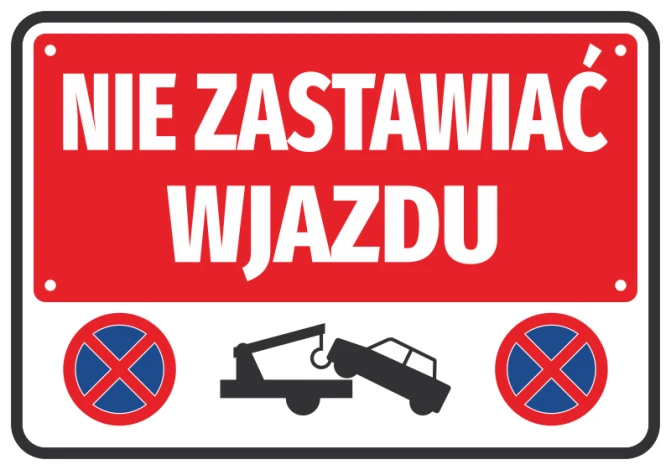 No Parking Sticker - Graphic Design. Red background, white text, symbols for no parking and towing.