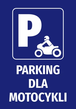 Motorcycle Parking Sticker - Graphic design with blue background, white \'P\' and silhouette of a motorcyclist.