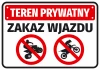 Private Property No Entry Sticker - Graphic design with red background, white text, and motorcycle symbols in circles.