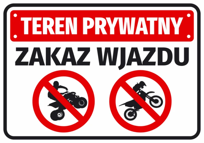 Private Property No Entry Sticker - Graphic design with red background, white text, and motorcycle symbols in circles.