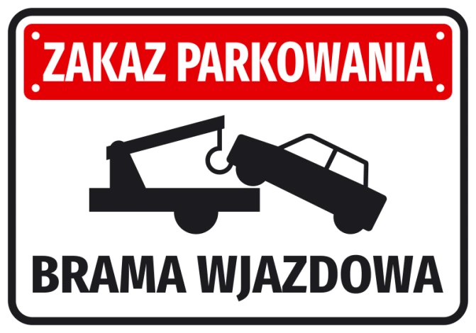 No Parking Sticker for Entrance Gate - Red rectangle with white text and black tow truck graphic.