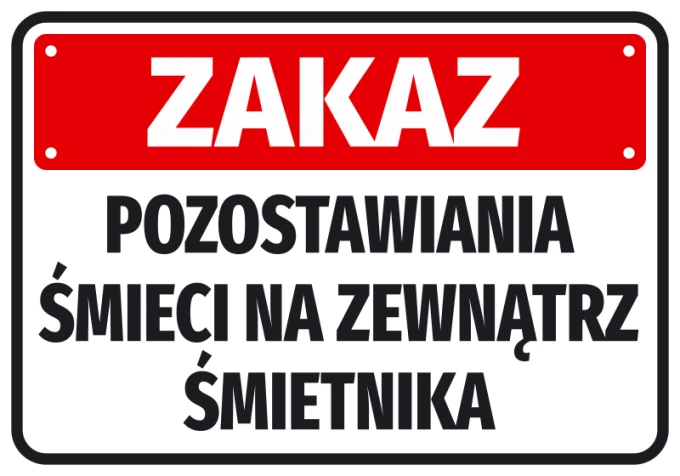 No littering sticker for outside trash bins - Graphic design. Red background with white text, rectangular shape.