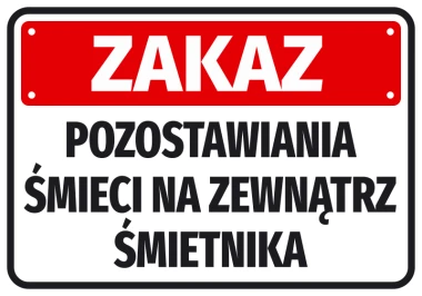 No littering sticker for outside trash bins - Graphic design. Red background with white text, rectangular shape.