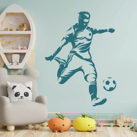 Footballer wall stencil for boys\' room 2553 - Brightly colored walls and furniture in a children\'s room setting.