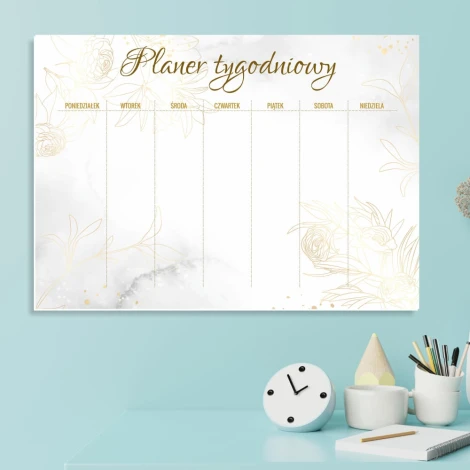 Weekly planner dry-erase magnetic board 590 - Graphic design with a white background and subtle gold lines.