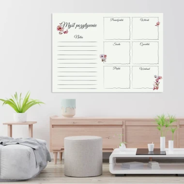 Magnetic dry-erase weekly planner board with floral design for modern interior decor. Bright wall colors.