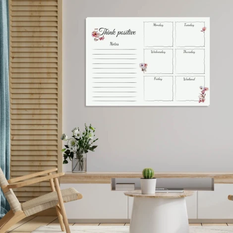 Dry-erase magnetic board Weekly planner flowers 588 - Styled in a modern interior with light-colored walls.