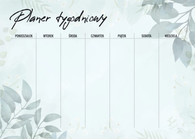 Weekly planner whiteboard with a light background, featuring delicate leaves and the word Planner.