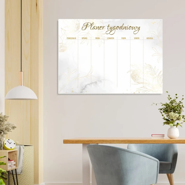Weekly planner whiteboard 590 - Office setup with light-colored walls and minimalist furniture.