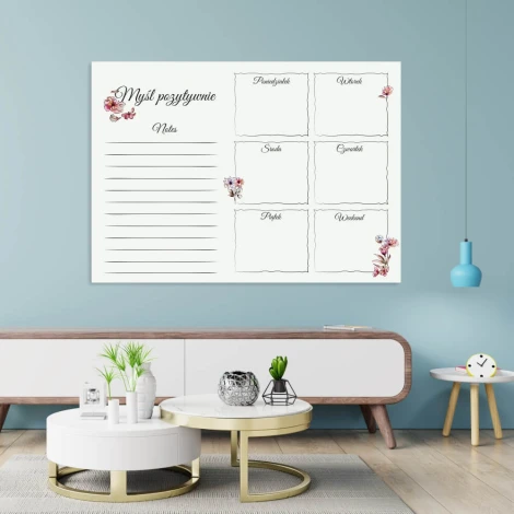 Weekly planner whiteboard with floral design - perfect for a modern office with light-colored walls.