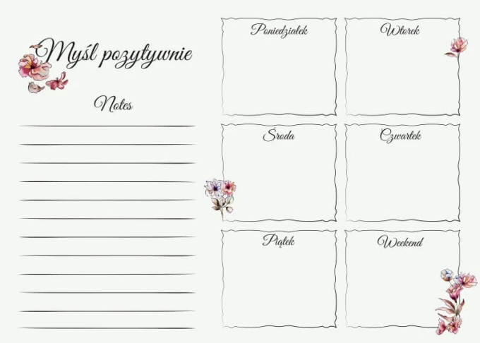 Weekly planner whiteboard with floral design and delicate flowers in the corners, featuring a structured layout.