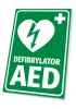 AED Defibrillator Sign - Green sign with a white heart and lightning bolt, labeled AED.