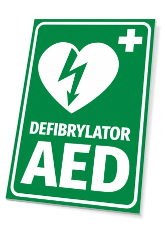 AED Defibrillator Sign - Green sign with a white heart and lightning bolt, labeled AED.