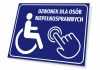 Information sign: Disability bell - Graphic design. Blue background, white wheelchair icon.