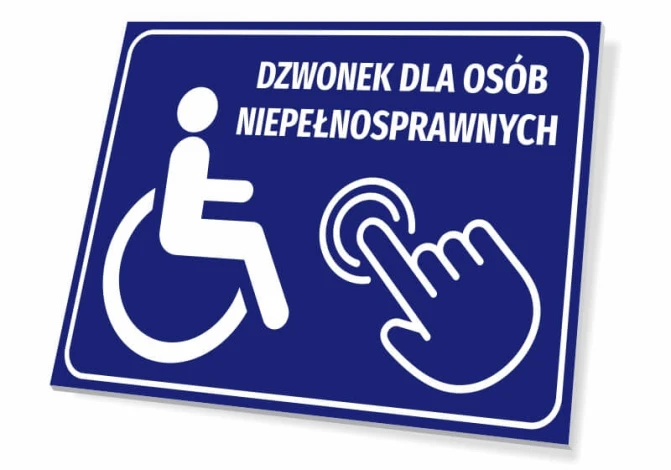 Information sign: Disability bell - Graphic design. Blue background, white wheelchair icon.