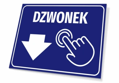 Information plaque for building: Doorbell - Graphic design. Blue background with white text and hand icon.