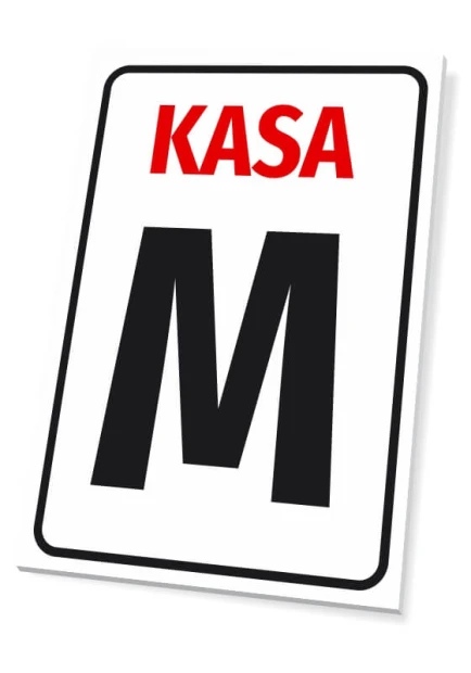 Information sign for cash registers - Graphic design. Simple form, large letters, red and black colors.