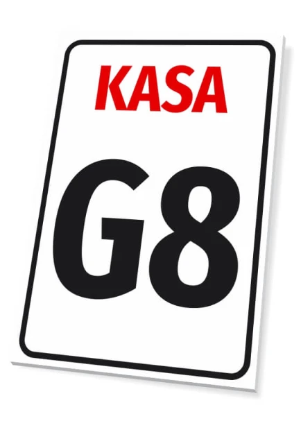 Information sign for cash registers - Graphic design. Simple rectangle with a white background and red text KASA.