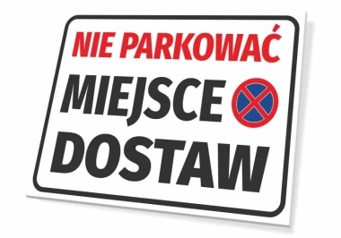 No Parking Delivery Area Sign - Graphic Design. Red text on white background, parking prohibition symbol.