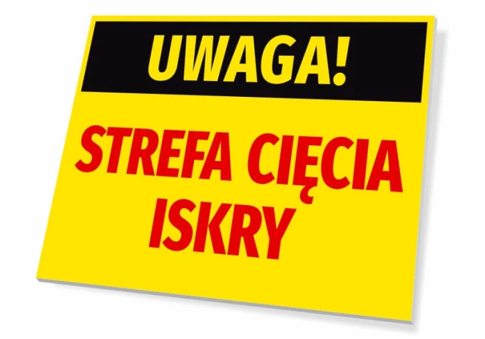 Warning sign: Caution Spark Cutting Zone - Graphic design. Yellow background with black top text and red text.