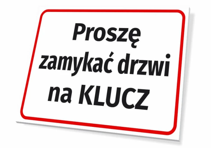 Information sign: Please lock the door - Graphic design. Simple rectangular shape with large text. Red color.