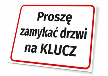 Information sign: Please lock the door - Graphic design. Simple rectangular shape with large text. Red color.