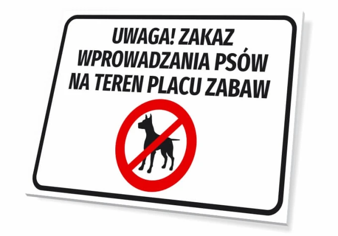 Warning sign: No dogs allowed in the playground area - Graphic design. Rectangle with white background and black text.