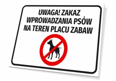 Warning sign: No dogs allowed in the playground area - Graphic design. Rectangle with white background and black text.