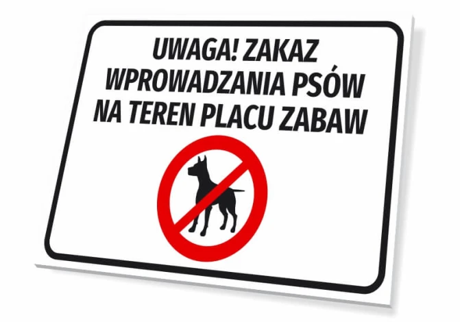 Warning sign: No dogs allowed in the playground area - Graphic design. Rectangle with white background and black text.
