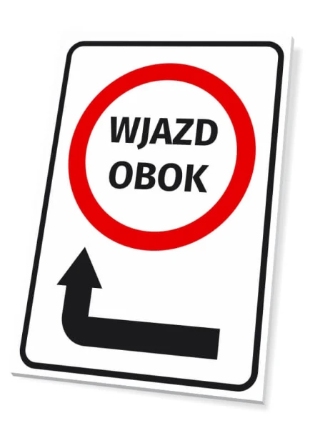 Entrance sign with left arrow - Graphic design. Red circle with "ENTRANCE NEXT TO" and black left arrow.