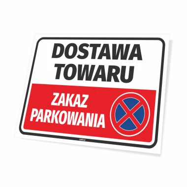 No Parking Sign - Delivery Area - Graphic Design. Simple rectangle with red background, white text, and symbol.