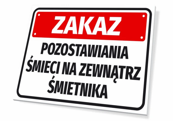 No littering sign for outside trash bins - Graphic design. Red background with white text, rectangular shape.