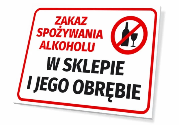 No alcohol consumption sign for store premises - Graphic design. Red circle with a crossed-out bottle.