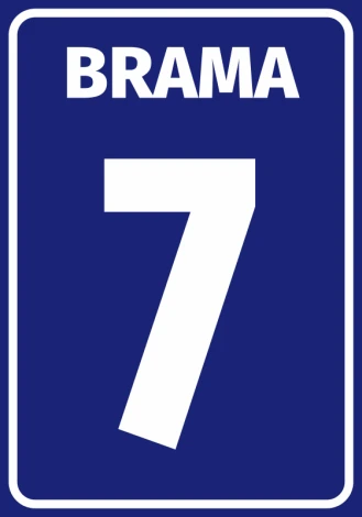 Gate sticker with number or letter - Graphic design. Blue background with white frame and large white number 7.